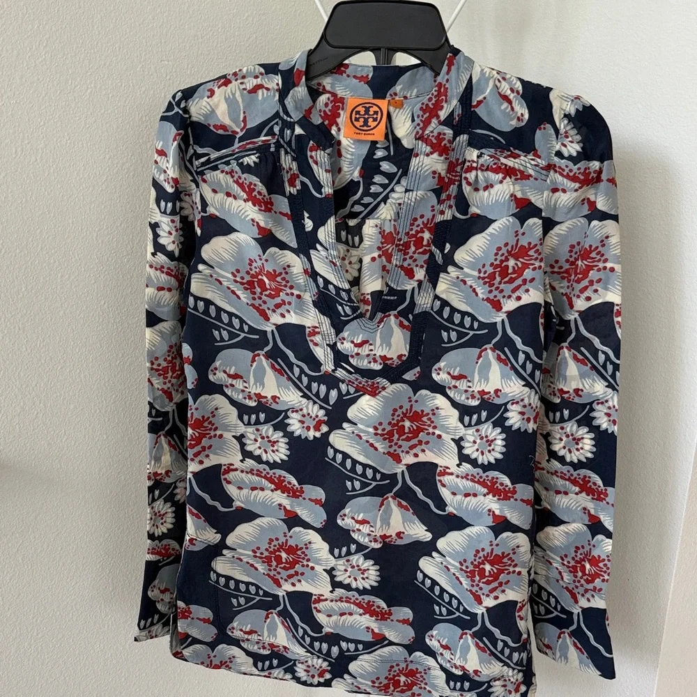 Tory Burch Dark Blue and Red Floral Blouse